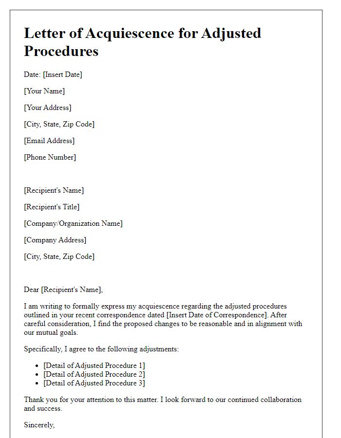 Letter template of acquiescence for adjusted procedures