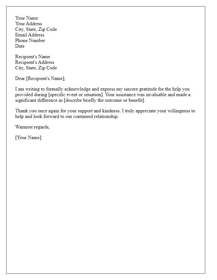 Letter template of Acknowledgment for the Help Provided