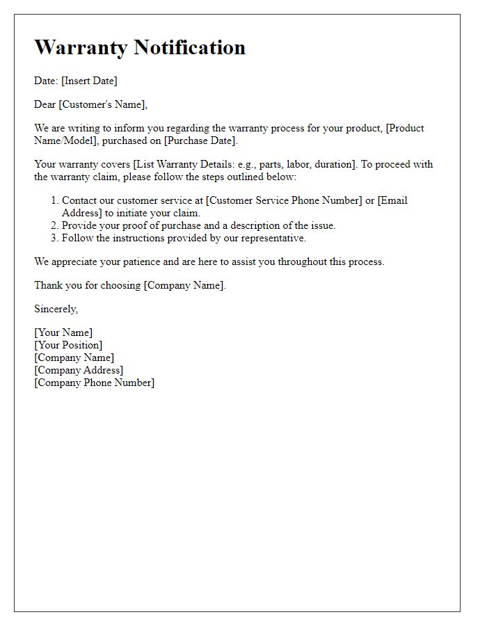 Letter template of notification for warranty process