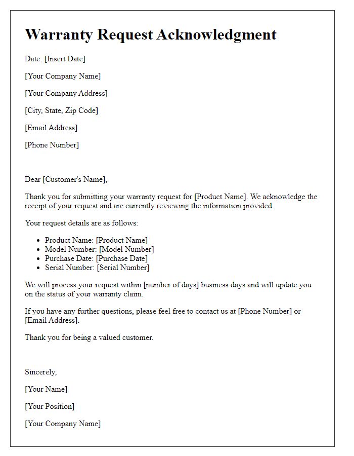 Letter template of warranty request acknowledgment