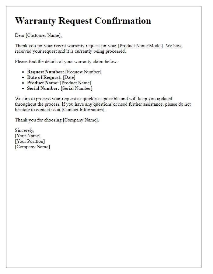 Letter template of warranty request confirmation