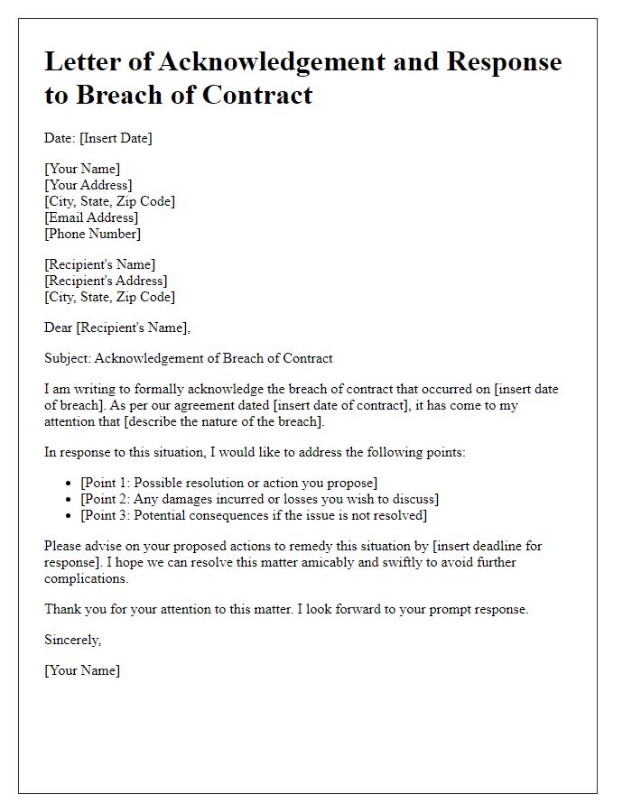 Letter template of breach of contract acknowledgement and response