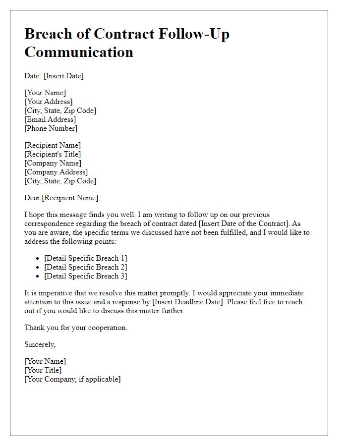 Letter template of breach of contract follow-up communication