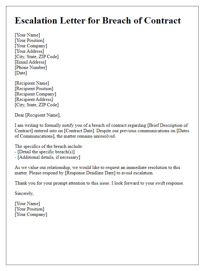 Letter template of escalation for breach of contract dispute