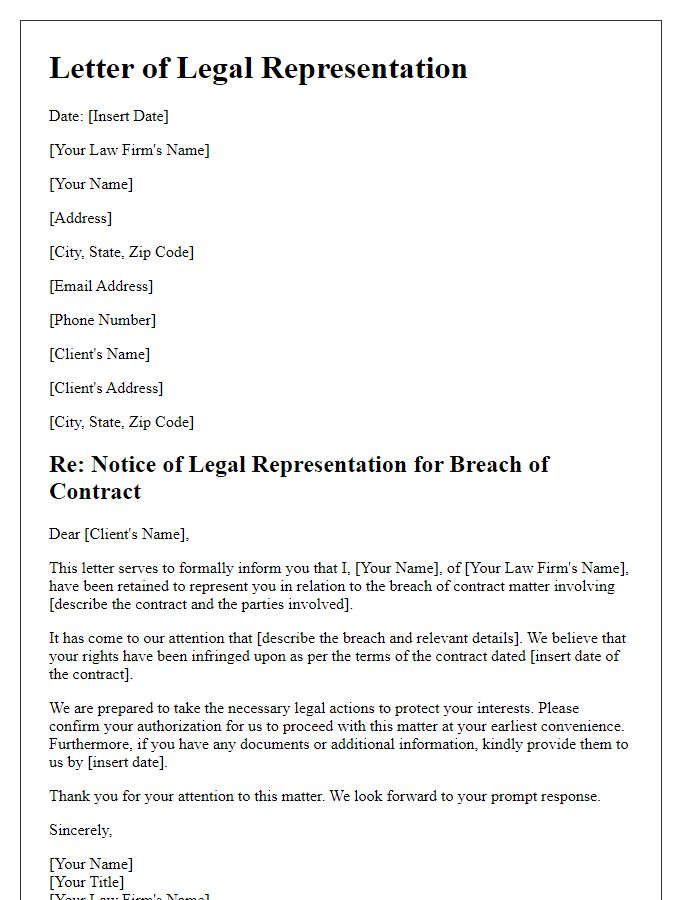 Letter template of legal representation for breach of contract