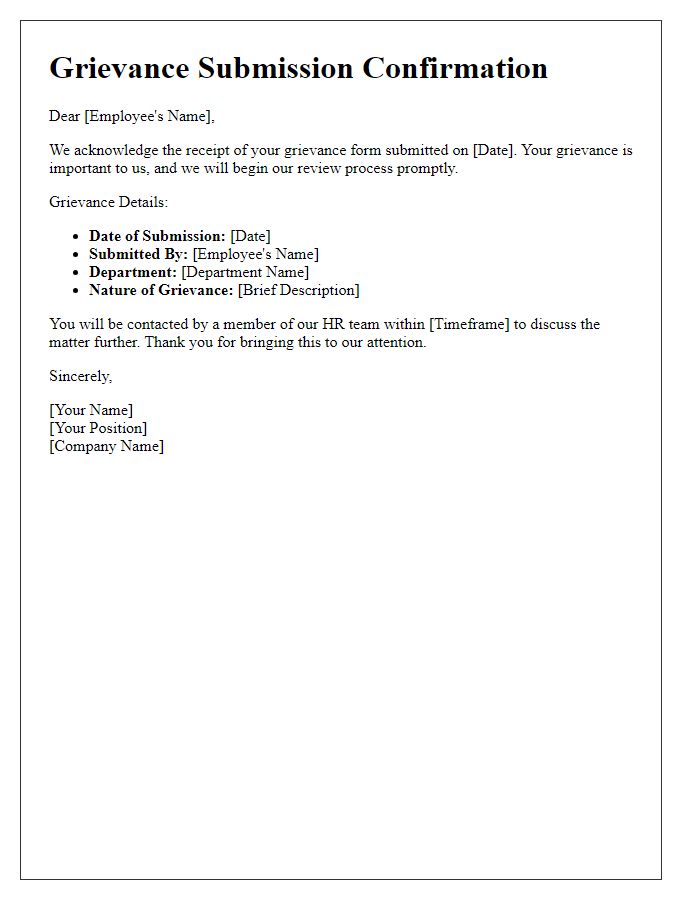 Letter template of grievance form submission confirmation.