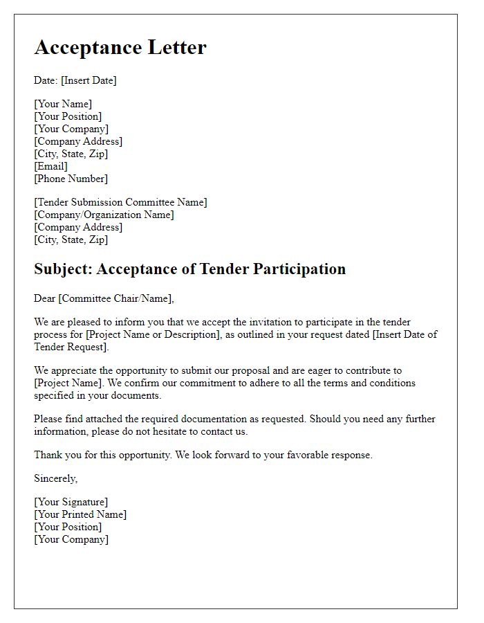 Letter template of acceptance letter for tender participation.