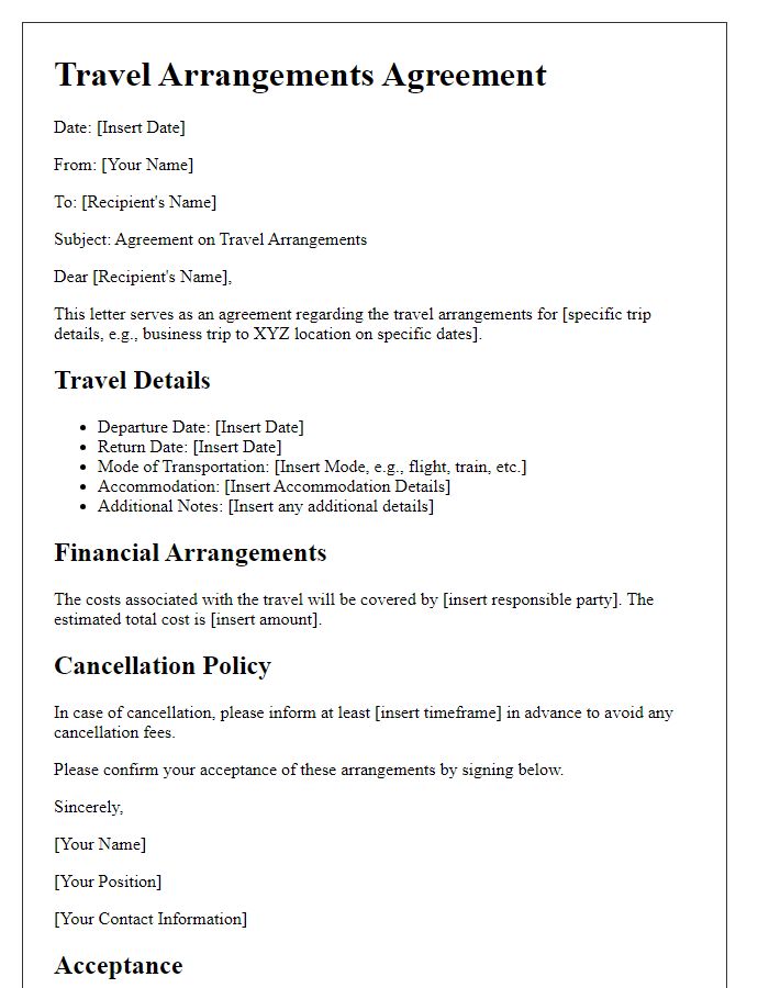 Letter template of agreement to travel arrangements