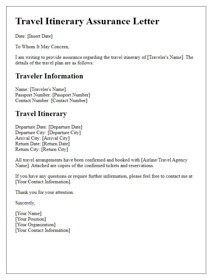 Letter template of assurance regarding travel itinerary