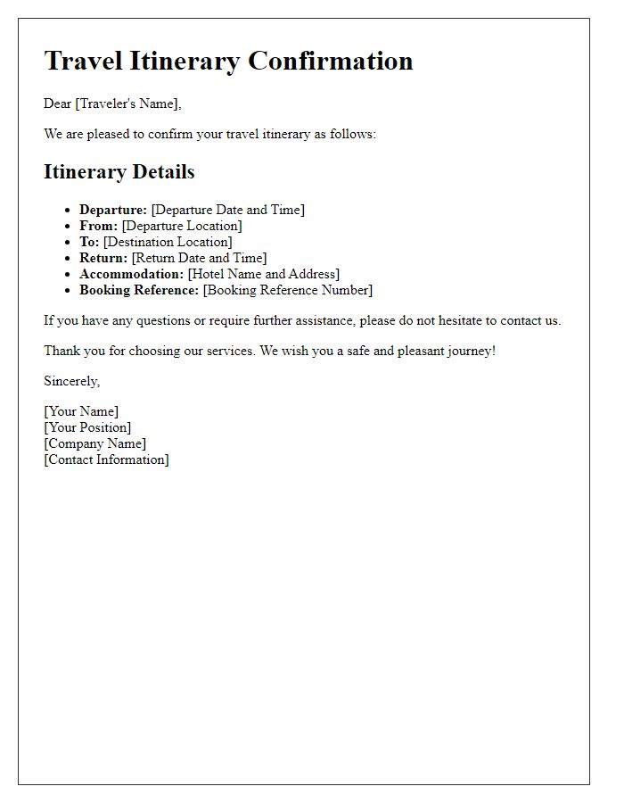 Letter template of confirmation for travel itinerary details