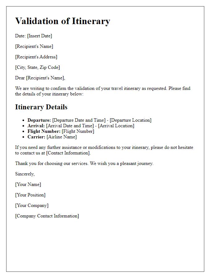 Letter template of validation for itineraries sent