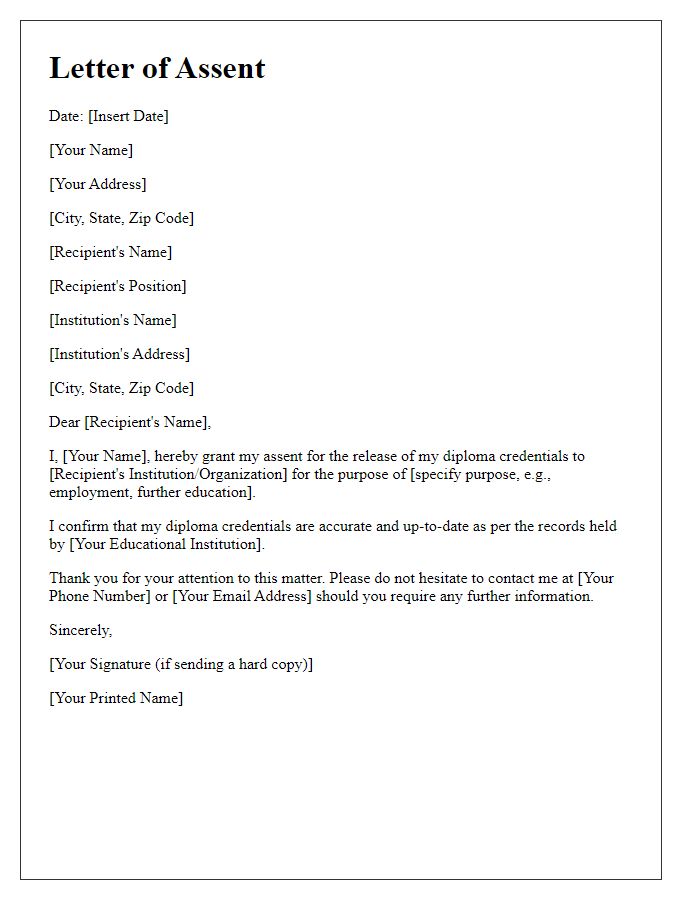 Letter template of assent for diploma credentials