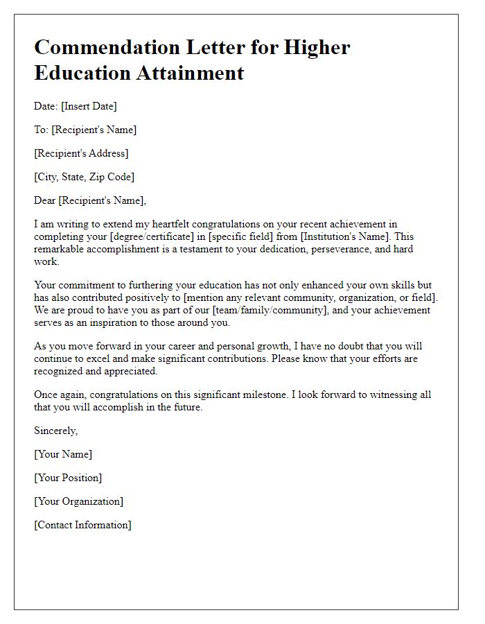 Letter template of commendation for higher education attainment