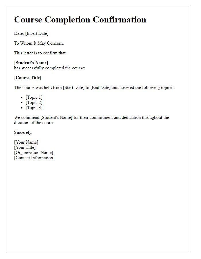 Letter template of confirmation for course completion