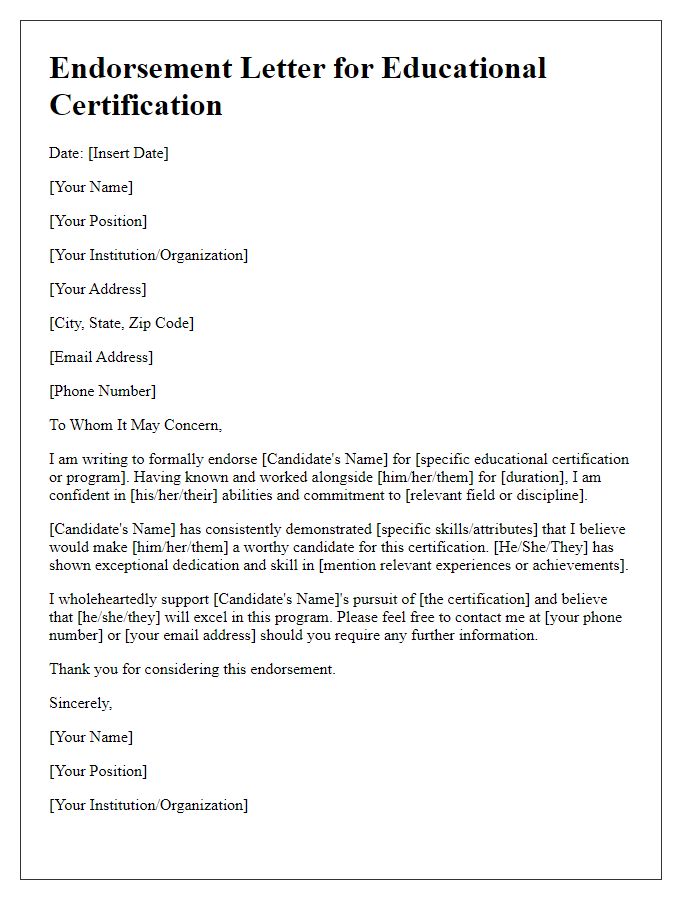 Letter template of endorsement for educational certifications