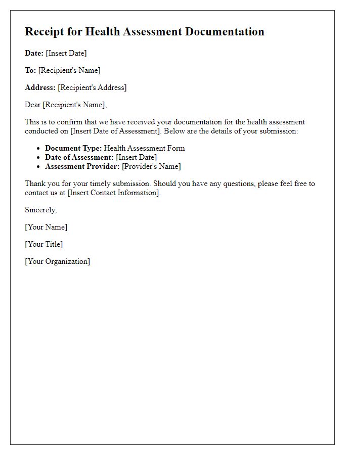 Letter template of receipt for health assessment documentation.