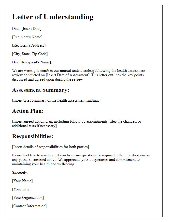 Letter template of understanding following health assessment review.