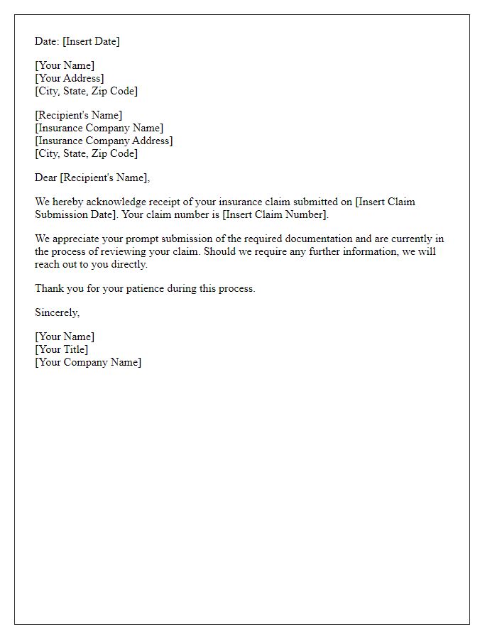 Letter template of acknowledgment for submitted insurance claim