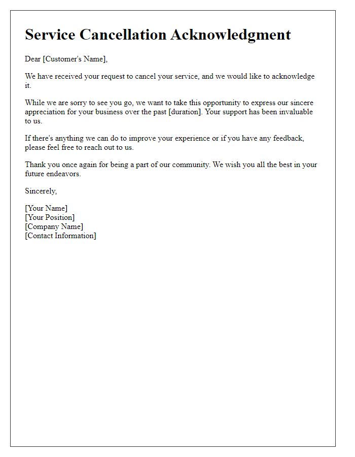 Letter template of service cancellation acknowledgment with appreciation for past business.