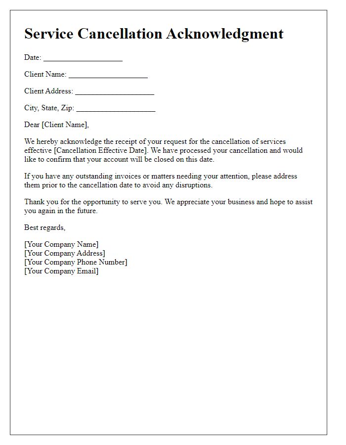 Letter template of service cancellation acknowledgment for commercial clients.