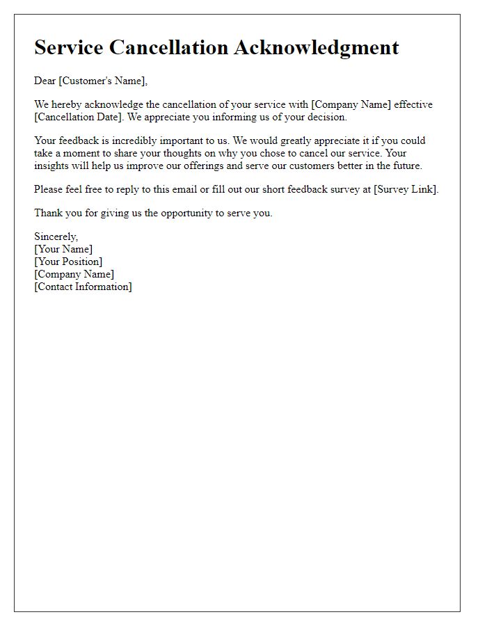 Letter template of service cancellation acknowledgment with feedback request.