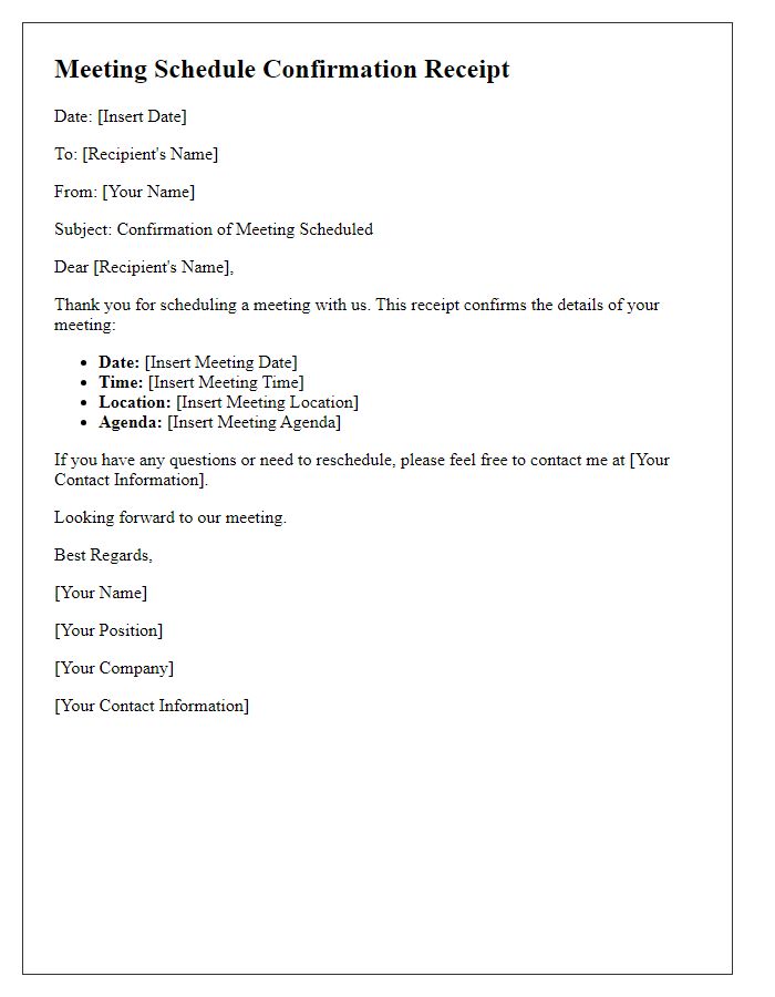 Letter template of Receipt for Meeting Schedule Confirmation