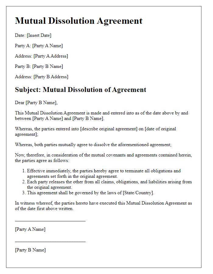 Letter template of Mutual Dissolution Agreement