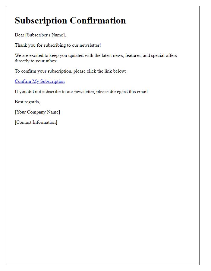 Letter template of newsletter subscription confirmation.