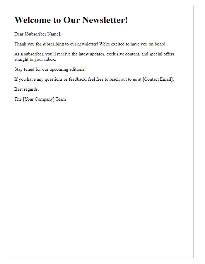 Letter template of newsletter subscription welcome message.