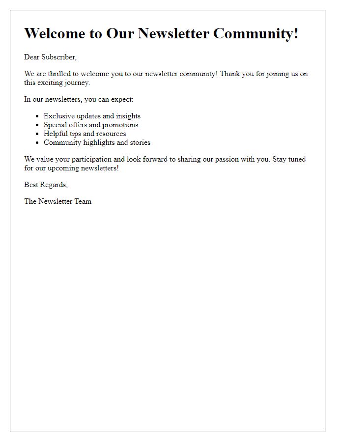 Letter template of welcome to our newsletter community.