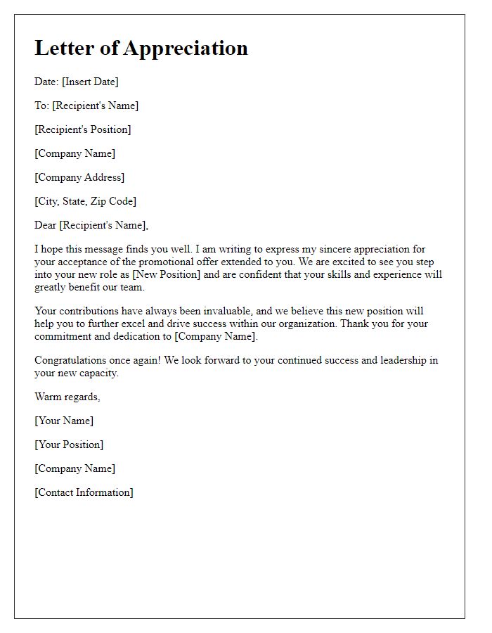 Letter template of Appreciation for Accepting Promotional Offer