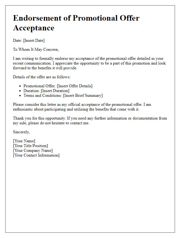 Letter template of Endorsement of Promotional Offer Acceptance