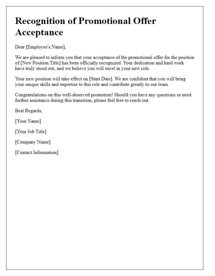 Letter template of Recognition of Promotional Offer Acceptance