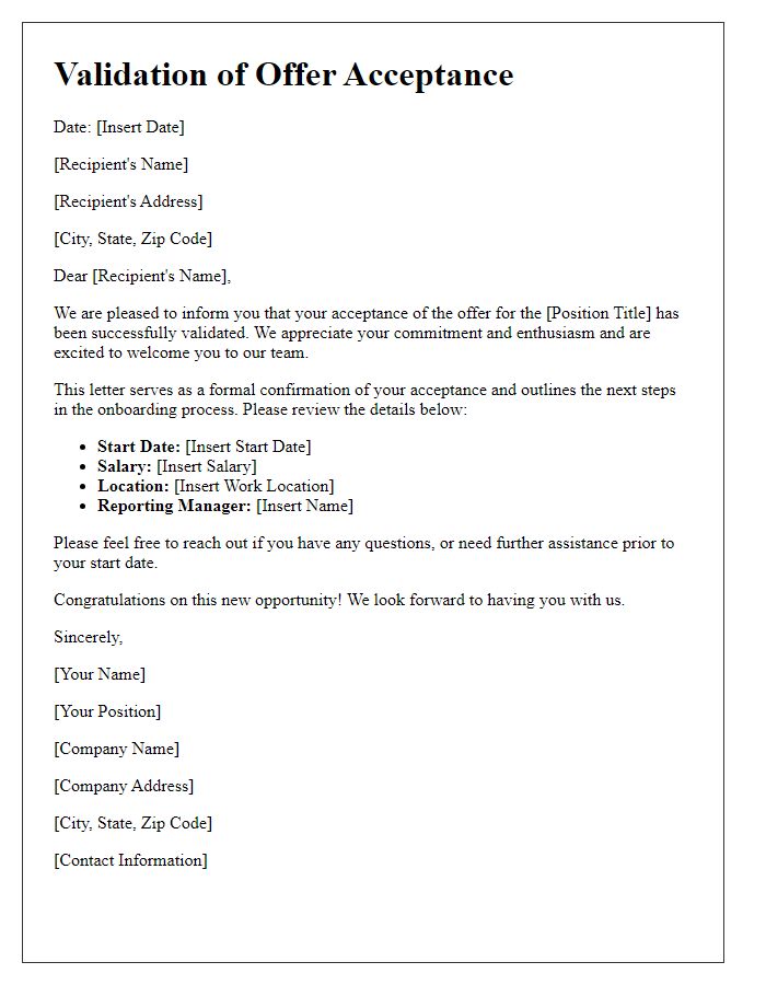 Letter template of Validation for Promoting Offer Acceptance