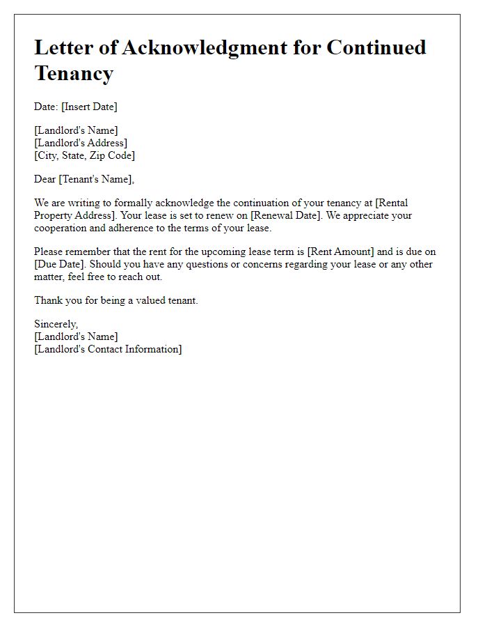 Letter template of Acknowledgment for Continued Tenancy