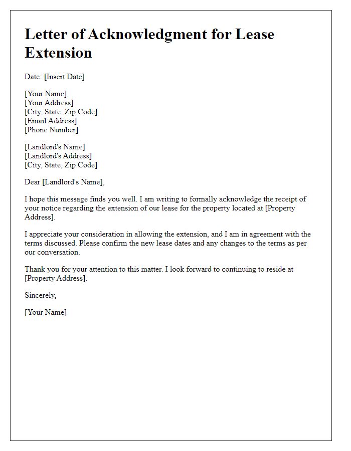 Letter template of Acknowledgment for Lease Extension