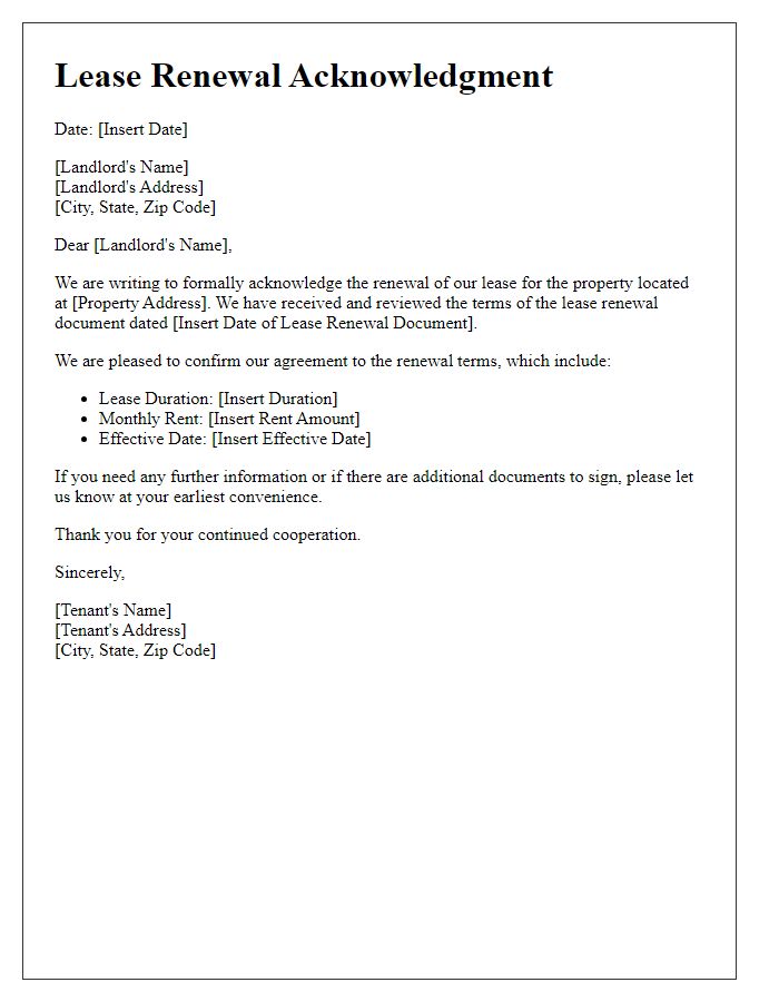 Letter template of Lease Renewal Acknowledgment