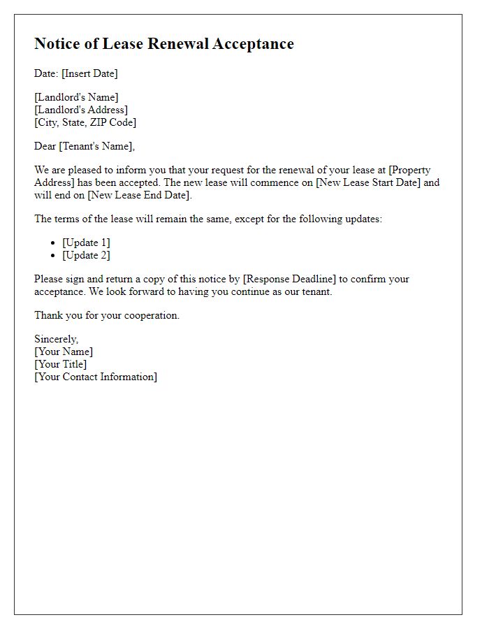 Letter template of Notice of Lease Renewal Acceptance