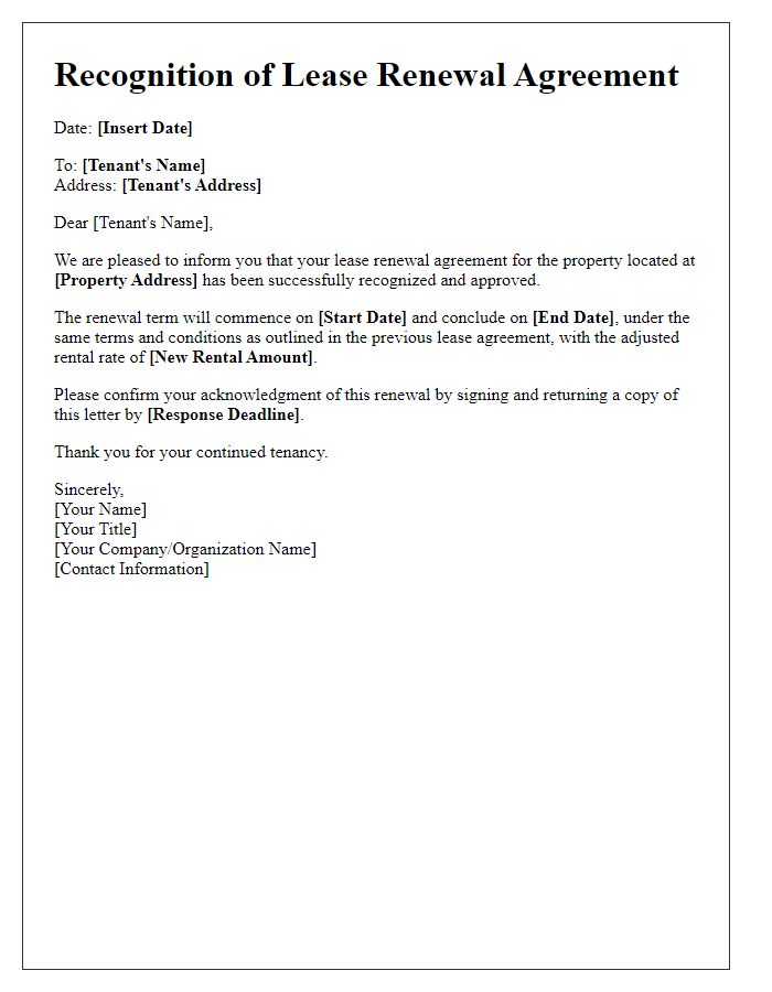 Letter template of Recognition of Lease Renewal Agreement