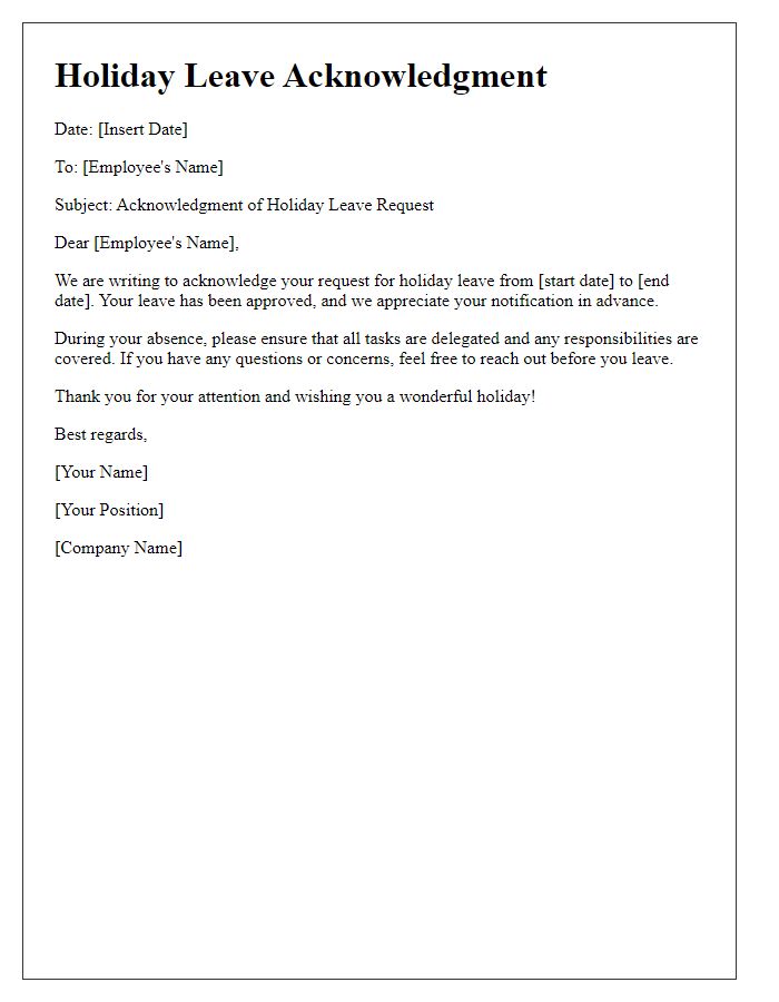 Letter template of holiday leave acknowledgment