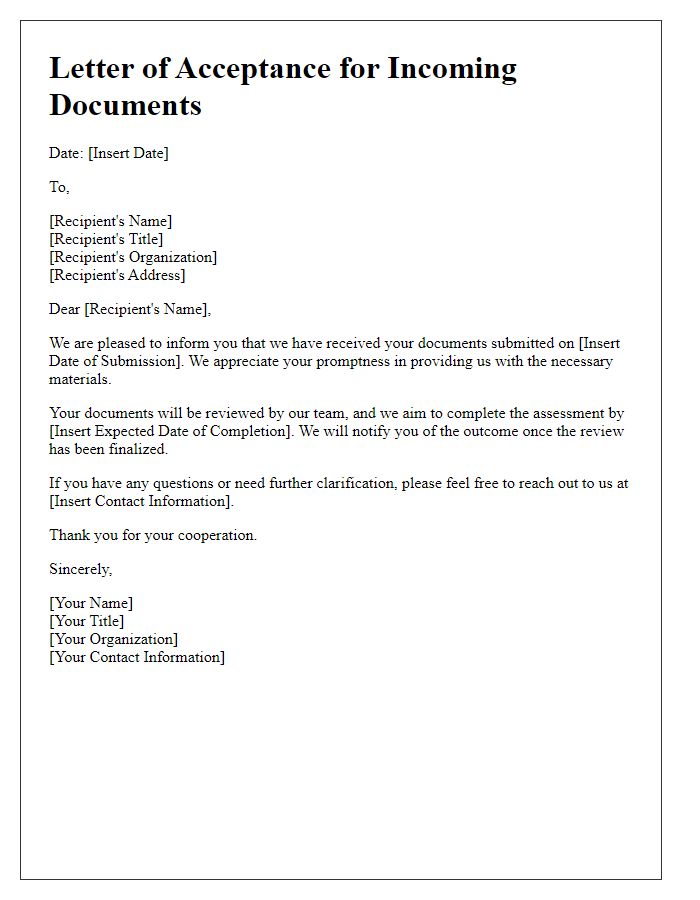 Letter template of acceptance for incoming documents.