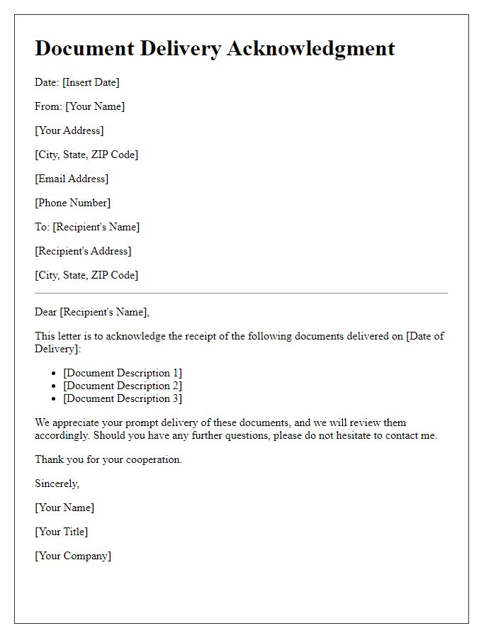 Letter template of acknowledgment of document delivery.