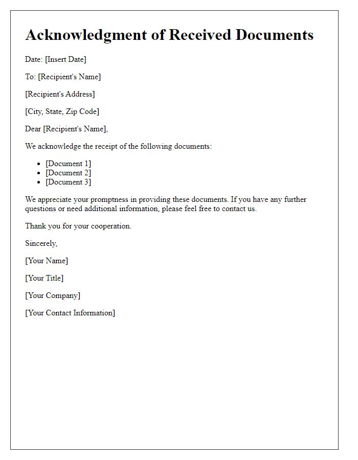 Letter template of acknowledgment for received documents.