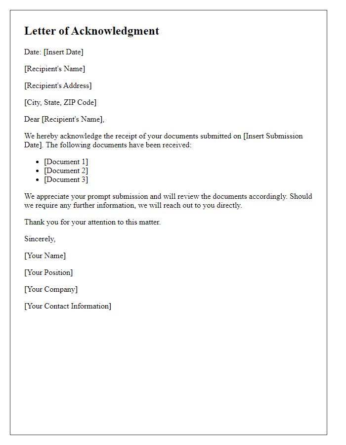 Letter template of acknowledgment regarding documents received.