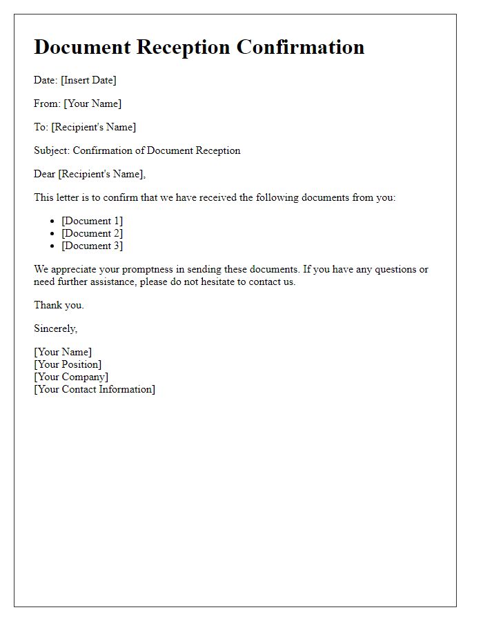 Letter template of confirmation for document reception.