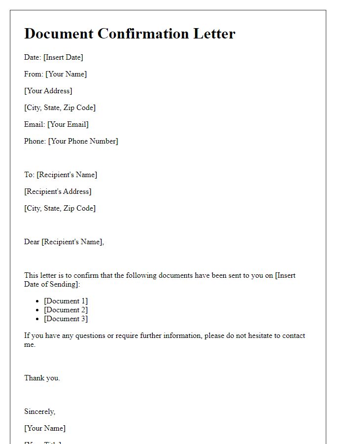 Letter template of confirmation for documents sent.