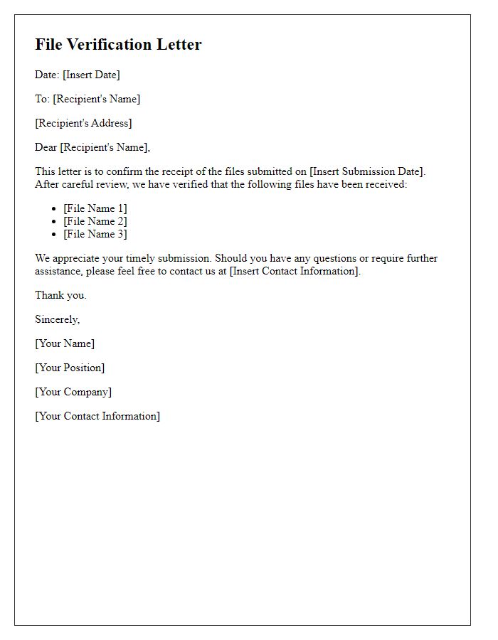 Letter template of verification for received files.