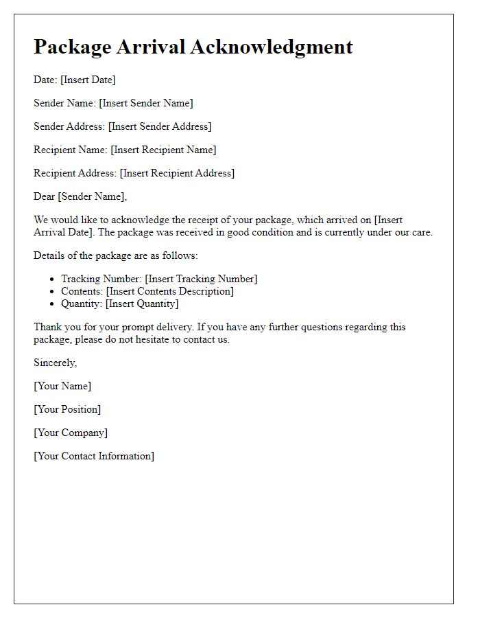 Letter template of acknowledgment for package arrival