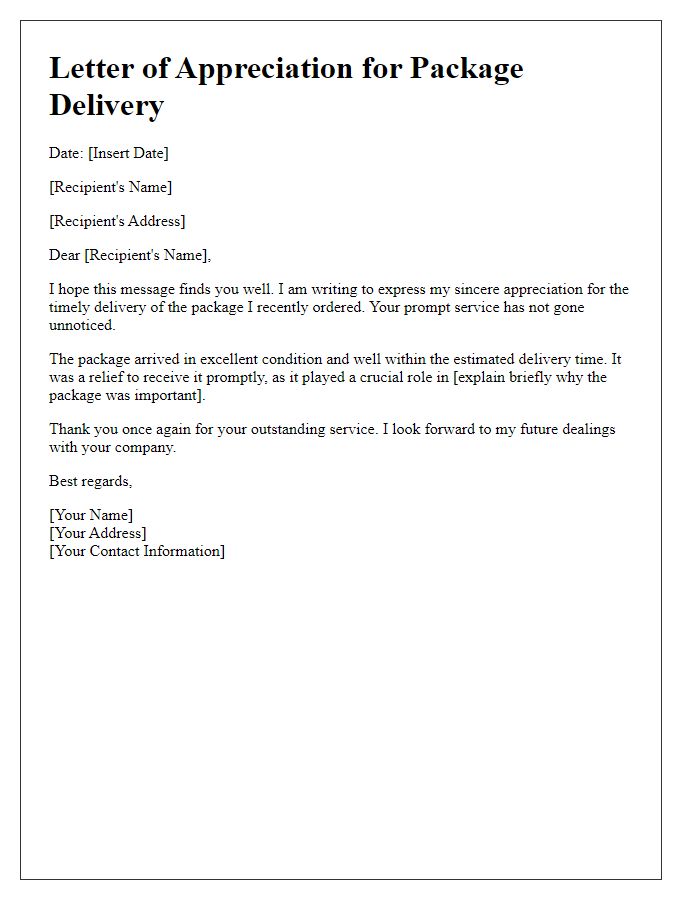 Letter template of appreciation for package delivery