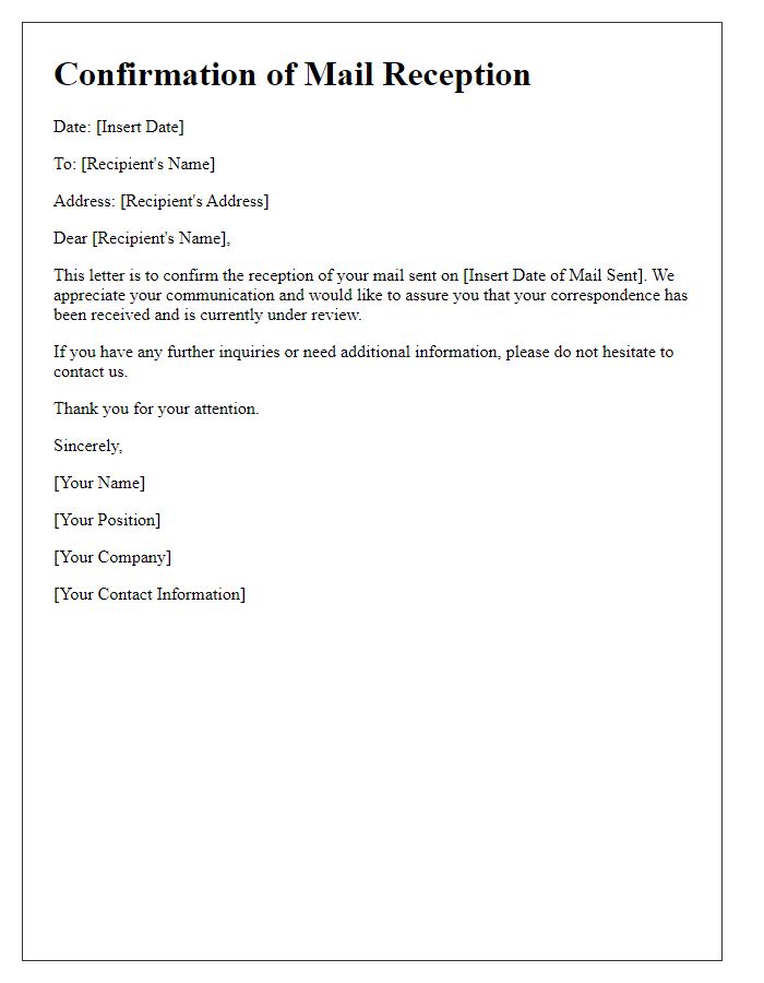 Letter template of confirmation for mail reception